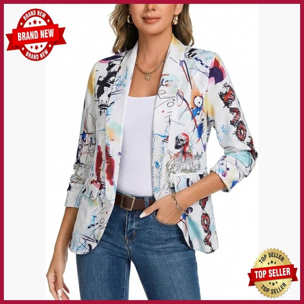 Women's 3/4 Ruched Sleeve Shawl Collar Blazer Open Front Slim Fit